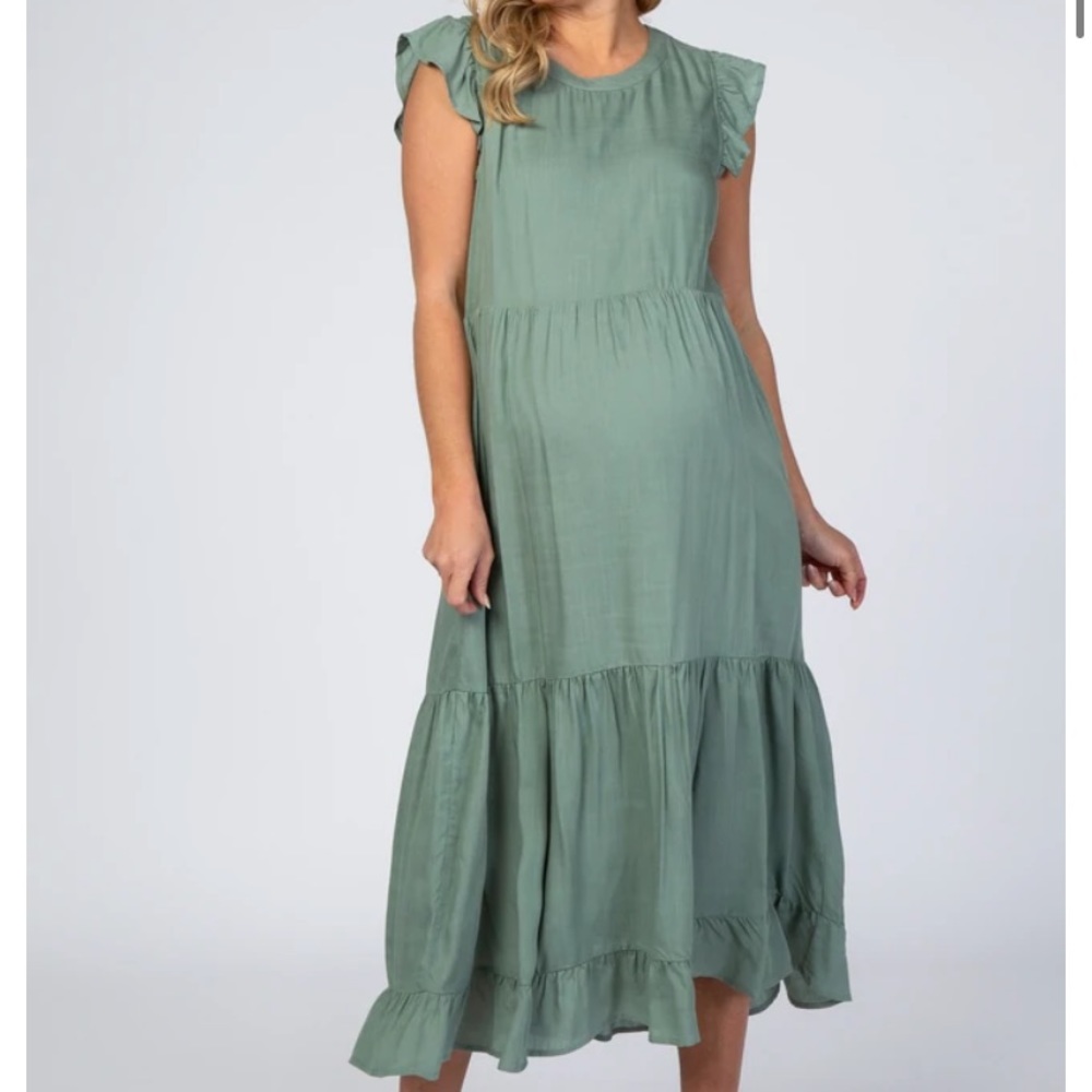NWOT - Pink Blush Sage Ruffle Sleeve Tiered Maternity Midi Dress